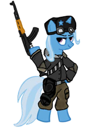 Size: 228x300 | Tagged: safe, artist:not_shiggy, imported from derpibooru, trixie, pony, ak-47, assault rifle, bipedal, clothes, female, gas mask, gun, solo, uniform, weapon