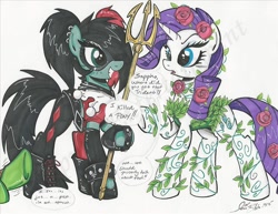 Size: 1024x791 | Tagged: safe, artist:ponygoddess, imported from derpibooru, rarity, oc, oc:sappho, aquaman, clothes, cosplay, costume, dialogue, hair over one eye, harley quinn, latex, poison ivy, trident, violence