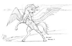 Size: 1100x702 | Tagged: safe, artist:baron engel, imported from derpibooru, oc, oc only, oc:free agent, alicorn, pony, fanfic:a different perspective, fanfic art, frothing, magic, monochrome, pencil drawing, solo, spread wings, traditional art