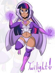 Size: 2344x3125 | Tagged: safe, artist:satoshitakeo, imported from derpibooru, twilight sparkle, human, amethyst sorceress, belly button, cape, clothes, commission, costume, dark skin, female, hood, humanized, midriff, solo, spiders and magic: rise of spider-mane, superhero