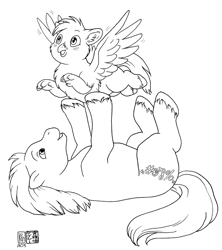 Size: 887x1000 | Tagged: safe, artist:kacey miyagami, imported from derpibooru, oc, oc only, oc:long path, oc:lucida path, classical hippogriff, earth pony, hippogriff, pony, fanfic:a different perspective, cute, fanfic art, foal, monochrome, unshorn fetlocks