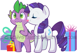 Size: 3194x2224 | Tagged: safe, artist:mochi--pon, imported from derpibooru, rarity, spike, cheek kiss, cute, female, kiss on the cheek, kissing, male, shipping, sparity, straight, watermark