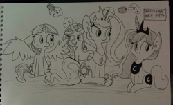 Size: 1096x666 | Tagged: safe, artist:tjpones, imported from derpibooru, princess cadance, princess celestia, princess luna, twilight sparkle, alicorn, pony, alicorn tetrarchy, brushing, female, hairbrush, mare, monochrome, traditional art, twilight sparkle (alicorn)