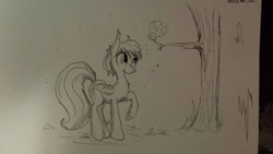 Size: 1280x720 | Tagged: safe, artist:tjpones, imported from derpibooru, oc, oc only, bat pony, pony, monochrome, moon, solo, traditional art, tree