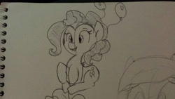 Size: 1280x720 | Tagged: safe, artist:tjpones, imported from derpibooru, pinkie pie, balloon, female, monochrome, solo, traditional art