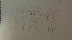 Size: 1280x720 | Tagged: safe, artist:tjpones, imported from derpibooru, apple bloom, scootaloo, sweetie belle, cutie mark crusaders, monochrome, traditional art