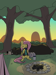 Size: 714x959 | Tagged: safe, artist:metal-kitty, imported from derpibooru, fluttershy, bear, pegasus, pony, blushing, camping, crossover, dead, female, fireplace, forest, mare, sitting, snipershy, team fortress 2, tent, tongue out, tree, x eyes