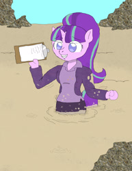 Size: 1700x2200 | Tagged: safe, artist:luckykid7, imported from derpibooru, starlight glimmer, anthro, unicorn, blazer, business suit, clipboard, clothes, dilbert, dirty, elbonia, fake smile, female, muck, mud, nervous, quicksand, skirt, smiling, solo, the dilbert zone, this will end in tears and/or death, wasteland