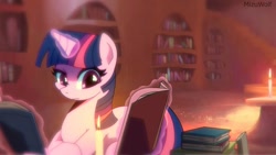 Size: 720x405 | Tagged: safe, artist:mizu wolf, imported from derpibooru, twilight sparkle, pony, unicorn, book, candle, female, library, solo, unicorn twilight