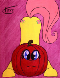 Size: 784x1018 | Tagged: safe, artist:tristantreg, imported from derpibooru, fluttershy, halloween, holiday, jack-o-lantern, looking at you, pumpkin