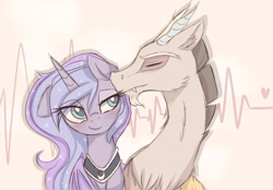 Size: 1600x1113 | Tagged: safe, artist:magnaluna, imported from derpibooru, discord, princess luna, alicorn, abstract background, bedroom eyes, blushing, boop, cute, discute, ethereal mane, eyes closed, fangs, female, fluffy, heart, hug, lunacord, male, mare, nuzzling, shipping, smiling, starry mane, straight, winghug