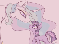 Size: 1600x1183 | Tagged: dead source, safe, artist:magnaluna, imported from derpibooru, princess celestia, twilight sparkle, alicorn, unicorn, bedroom eyes, cute, eye contact, eyeshadow, female, filly, fluffy, looking at each other, mare, raised hoof, simple background, smiling, white background, younger