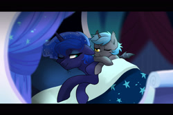 Size: 3000x2000 | Tagged: safe, artist:kianamai, imported from derpibooru, princess luna, oc, oc:princess nidra, alicorn, bat pony, bat pony alicorn, pony, kilalaverse, alicorn oc, mother and daughter, next generation, novaluna, offspring, parent:novaluna, parent:oc:supernova, parent:princess luna, parents:canon x oc, story included