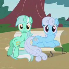 Size: 236x236 | Tagged: safe, imported from derpibooru, screencap, linky, lyra heartstrings, shoeshine, earth pony, pony, unicorn, dragonshy, bench, cropped, duo, female, it begins, mare, meme origin, prone, sitting, sitting lyra