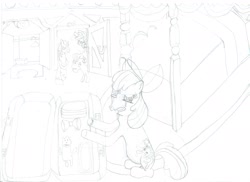 Size: 2338x1700 | Tagged: safe, artist:cmc--scootaloo, imported from derpibooru, apple bloom, applejack, big macintosh, granny smith, earth pony, pony, bloom and gloom, male, monochrome, stallion