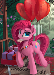 Size: 1800x2517 | Tagged: safe, artist:yakovlev-vad, imported from derpibooru, pinkie pie, earth pony, pony, badge, balloon, cute, cuteamena, female, fluffy, grin, heart balloon, invitation, looking at you, mare, mouth hold, pinkamena diane pie, present, raised hoof, raised leg, scenery, smiling, solo, wagon, weapons-grade cute