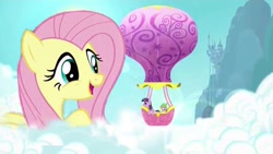 Size: 640x360 | Tagged: safe, artist:seattlesister, imported from derpibooru, fluttershy, spike, twilight sparkle, pony, balloon, cloud, cloudy, giant pony, hot air balloon, sky