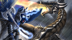 Size: 1600x900 | Tagged: safe, artist:niegelvonwolf, imported from derpibooru, princess luna, alicorn, dragon, pony, armor, axe, crossover, female, fight, fire, flying, glare, helmet, magic, mare, open mouth, rain, skyrim, spread wings, telekinesis, the elder scrolls, warrior, warrior luna, weapon