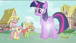 Size: 640x360 | Tagged: safe, artist:seattlesister, imported from derpibooru, fluttershy, tree hugger, twilight sparkle, alicorn, pony, discovery family logo, female, giant pony, giantess, growth, looking down, looking up, macro, mare, ponyville, twilight sparkle (alicorn)