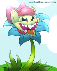Size: 1024x1263 | Tagged: safe, artist:neoncel, imported from derpibooru, apple bloom, derp, faic, female, flower, flowey in the comments, grin, nightmare fuel, not salmon, pun, solo, undertale in the comments, wat