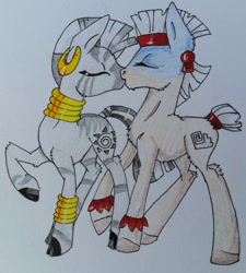 Size: 848x943 | Tagged: safe, artist:bleedingwings12, imported from derpibooru, temple chant, zecora, earth pony, pony, zebra, female, kissing, male, shipping, stallion, straight, traditional art, tribal pony, zechant