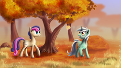 Size: 3840x2160 | Tagged: safe, artist:meater6, imported from derpibooru, bon bon, lyra heartstrings, sweetie drops, earth pony, pony, unicorn, autumn, female, leaf, mare, tree