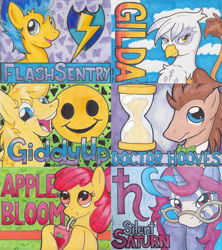 Size: 800x900 | Tagged: safe, artist:michael thompson, imported from derpibooru, apple bloom, doctor whooves, flash sentry, gilda, time turner, oc, oc:giddy up, oc:silent saturn, griffon, pony, zebracorn, badge, bronycan, con badge, female, glasses, male, mare, stallion, traditional art