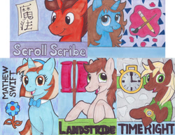 Size: 900x700 | Tagged: safe, imported from derpibooru, oc, oc only, oc:artisic ash, oc:landstride, oc:matthew swift, oc:scroll scribe, oc:timeright, pony, badge, bronycan, con badge, female, male, mare, stallion