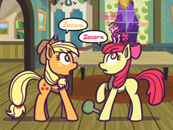 Size: 900x675 | Tagged: safe, artist:flutterluv, imported from derpibooru, apple bloom, applejack, pinkie pie, earth pony, pony, age progression, eyes closed, frown, micro, older, open mouth, potion, raised hoof, smiling, tiny ponies, wide eyes