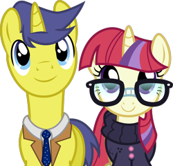 Size: 3126x3000 | Tagged: safe, alternate version, artist:eagle1division, imported from derpibooru, comet tail, moondancer, adorkable, clothes, cometdancer, cute, dancerbetes, dork, female, glasses, male, shipping, simple background, smiling, straight, suit, sweater, transparent background, vector