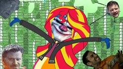 Size: 1024x576 | Tagged: safe, artist:umbrellatantal, edit, edited screencap, imported from derpibooru, screencap, sunset shimmer, human, equestria girls, clown mask, dallas, gage, hoxton, irl, irl human, mask, money, payday, payday 2, payday the heist, photo, sputnik, the dentist, vlad