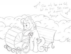 Size: 1600x1200 | Tagged: safe, artist:datspaniard, imported from derpibooru, millie, bench, gossip, monochrome, pram, sitting, whispering
