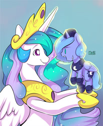 Size: 540x657 | Tagged: safe, artist:ende26, imported from derpibooru, princess celestia, princess luna, cute, cutelestia, filly, levitation, lunabetes, magic, open mouth, sweatdrop, telekinesis, wide eyes, woona, woona knight