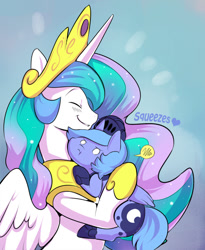 Size: 540x657 | Tagged: safe, artist:ende26, imported from derpibooru, princess celestia, princess luna, alicorn, pony, :t, annoyed, blushing, cute, cutelestia, daaaaaaaaaaaw, eyes closed, female, filly, frown, grin, hape, heart, hnnng, hug, lunabetes, mare, smiling, squeeze, squeezing, wide eyes, woona, woona knight
