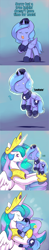 Size: 540x2754 | Tagged: safe, artist:ende26, imported from derpibooru, princess celestia, princess luna, alicorn, pony, :i, :t, cute, cutelestia, daaaaaaaaaaaw, dialogue, ende will be the end of us, eyes closed, female, filly, hape, hnnng, hug, levitation, looking at each other, lunabetes, magic, mare, open mouth, pouting, smiling, sweatdrop, telekinesis, weapons-grade cute, wide eyes, woona, woona knight