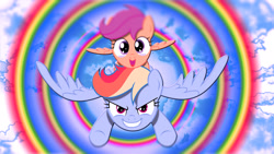 Size: 1920x1080 | Tagged: safe, artist:barrfind, artist:kysss90, imported from derpibooru, rainbow dash, scootaloo, coming at you, flying, it's coming right at us, smiling, sonic rainboom, tears of joy, vector, wallpaper