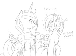 Size: 1019x744 | Tagged: safe, artist:ende26, imported from derpibooru, princess cadance, shining armor, dialogue, glasses, monochrome, nervous, open mouth, role reversal, sketch