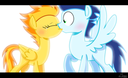 Size: 800x485 | Tagged: safe, artist:yaaaco, artist:yaco, imported from derpibooru, soarin', spitfire, pegasus, pony, crying, cute, duo, female, kiss on the lips, kissing, love, male, missing cutie mark, shipping, soarinfire, straight, surprise kiss, surprised