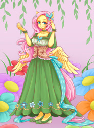 Size: 1024x1391 | Tagged: safe, artist:buryooooo, imported from derpibooru, fluttershy, anthro, clothes, dress, female, flower, gala dress, pony coloring, smiling, solo, spread wings