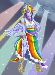 Size: 1024x1391 | Tagged: safe, artist:buryooooo, imported from derpibooru, rainbow dash, anthro, human, clothes, cloud, cloudy, crepuscular rays, dress, female, gala dress, grin, humanized, pony coloring, side slit, solo, tailed humanization, winged humanization