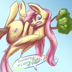 Size: 1500x1500 | Tagged: safe, artist:ebonytails, imported from derpibooru, fluttershy, pegasus, pony, acrophobia, female, folded wings, gritted teeth, holding, holding on, looking down, mare, newbie artist training grounds, offscreen character, scared, solo, speech bubble, tree branch, wings