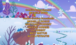 Size: 740x435 | Tagged: safe, imported from derpibooru, screencap, cheerilee (g3), pinkie pie (g3), rainbow dash (g3), scootaloo (g3), starsong, sweetie belle (g3), toola roola, twinkle wish adventure, alicia petraitis, core seven, credits screen, double rainbow, g3.5, gretchen forrest, liz knight, matt mattus, michele boyd, michelle hogue, valerie jurries