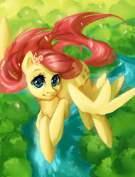 Size: 1785x2345 | Tagged: safe, artist:my-magic-dream, imported from derpibooru, fluttershy, female, flower, flower in hair, flying, looking at you, solo
