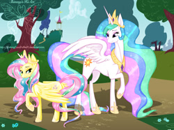Size: 2840x2111 | Tagged: safe, artist:shimmycocopuffssx1, imported from derpibooru, fluttershy, princess celestia, alicorn, pegasus, pony, celestia costume, celestia's crown, clothes, costume, crown, duo, fake horn, female, jewelry, mare, peytral, raised hoof, regalia, shylestia, spread wings, watermark