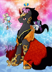 Size: 2550x3509 | Tagged: safe, artist:pixel-spark, imported from derpibooru, applejack, fluttershy, king sombra, pinkie pie, rainbow dash, rarity, twilight sparkle, alicorn, crystal pony, earth pony, pegasus, pony, unicorn, fanfic:from darkness to light, sonic rainboom (episode), armor, book, butterfly wings, cape, clothes, collar, colored horn, crystal heart, crystallized, curved horn, fanfic art, female, gossamer wings, horn, male, mane six, mare, shrunk, sombra horn, stallion, story in the source, twilight sparkle (alicorn), wings