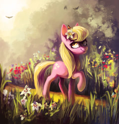 Size: 900x938 | Tagged: safe, artist:dearmary, imported from derpibooru, lily, lily valley, butterfly, earth pony, pony, featured image, female, flower, flower in hair, garden, grass, grin, raised hoof, scenery, smiling, solo