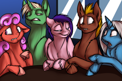 Size: 700x467 | Tagged: safe, artist:foxenawolf, imported from derpibooru, oc, oc only, oc:airbrush, oc:airbrush (foxenawolf), earth pony, pegasus, pony, unicorn, fanfic:conversations in a canterlot café, fanfic art, female, floppy ears, male, mare, stallion, unshorn fetlocks