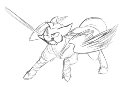 Size: 1000x693 | Tagged: safe, artist:foxenawolf, imported from derpibooru, oc, oc only, oc:whirring cogs, crossover, gif, jedi, lightsaber, monochrome, non-animated gif, solo, star wars, unshorn fetlocks