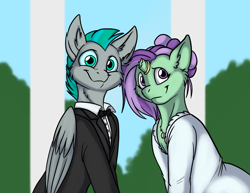 Size: 1000x773 | Tagged: safe, artist:foxenawolf, imported from derpibooru, oc, oc only, oc:lavender dreams, oc:lavender dreams (goldfur), oc:whirring cogs, pegasus, pony, unicorn, fanfic:change of life, broken horn, change of life, clothed ponies, clothes, disguise, disguised changeling, fanfic art, horn ring, looking at you, marriage, outdoors, ring, smiling, wedding, wedding ring