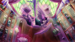 Size: 1920x1080 | Tagged: safe, artist:chocori, artist:dream--chan, imported from derpibooru, twilight sparkle, alicorn, pony, blushing, book, bookshelf, crepuscular rays, cute, female, flying, happy, levitation, library, magic, mare, open mouth, reading, smiling, solo, spread wings, telekinesis, that pony sure does love books, twilight sparkle (alicorn), upside down, wings